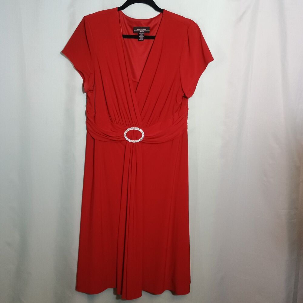 Women’s Red Wrap Style Dress – Rhinestone Buckle V-Neck Short Sleeve Midi Dress